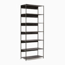 Black metal bookshelf with five shelves on a white background