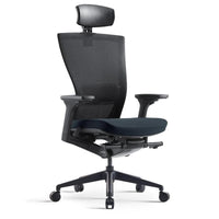 Black ergonomic office chair with mesh backrest on a white background