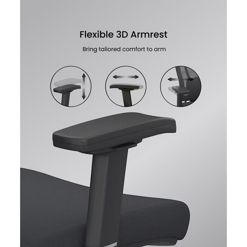 FlexiSpot ergonomic office chair with adjustable 3D armrests in black mesh fabric.