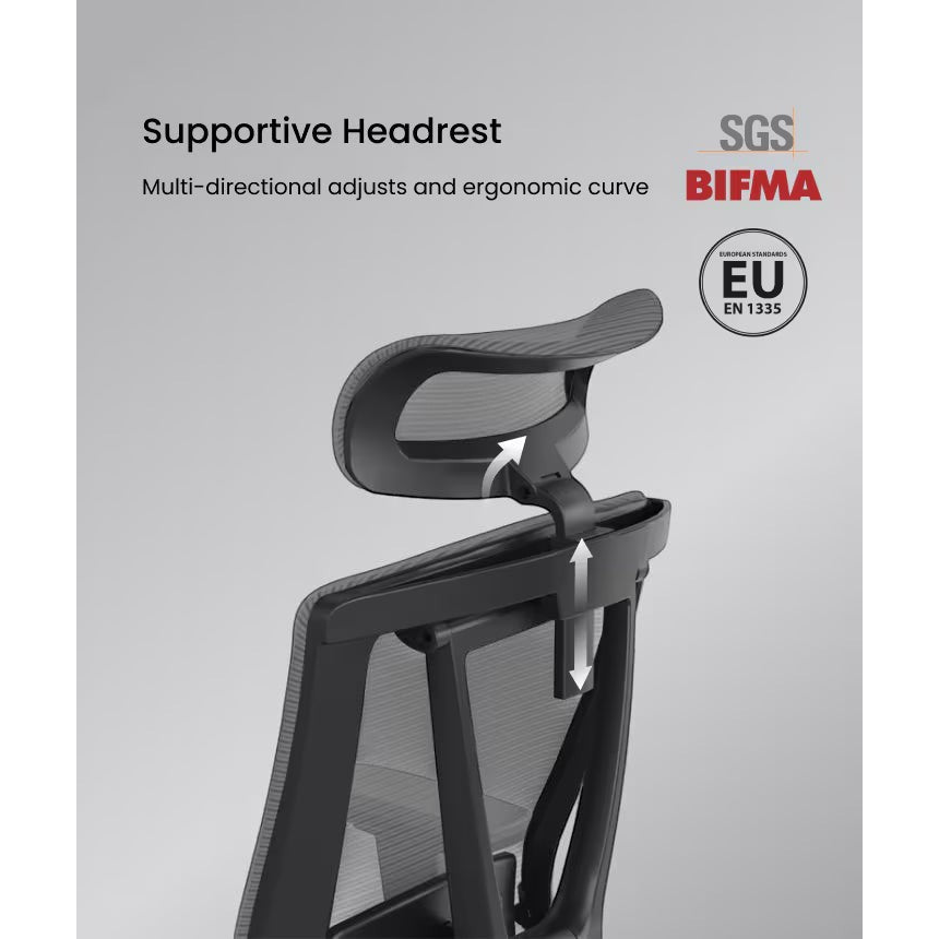 FlexiSpot BS14 black headrest adjustment diagram with certification logos
