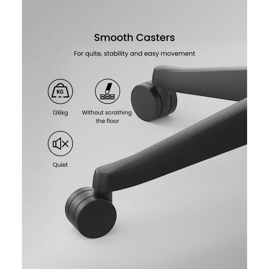 FlexiSpot BS14 caster and base close-up with a supplier feature graphic