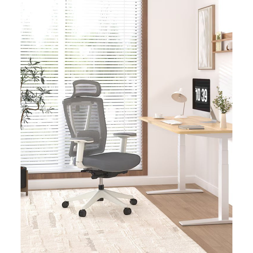 FlexiSpot ergonomic mesh office chair in grey and white with adjustable lumbar support and headrest.