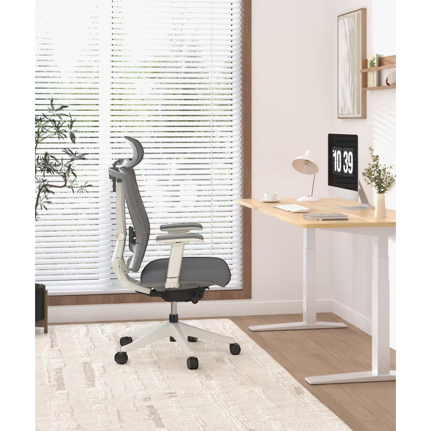 FlexiSpot ergonomic office chair in grey and white with adjustable lumbar support, headrest, and armrests.