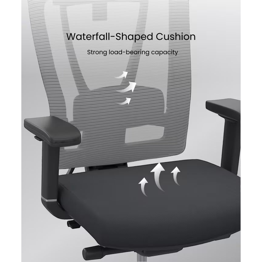 FlexiSpot BS14 ergonomic office chair in black mesh with waterfall-shaped seat cushion for comfort and support.