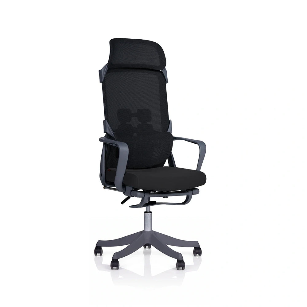 Neva Flexora Chair — black high-back mesh chair with headrest, padded seat and loop arms.