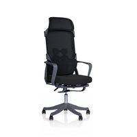 Neva Flexora Chair — black high-back mesh chair with headrest, padded seat and loop arms.