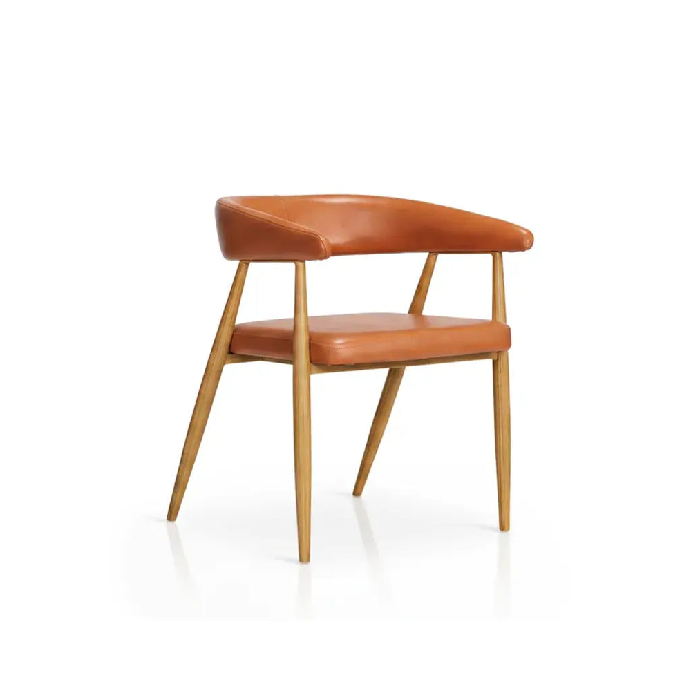 Neva Leto Chair — three-quarter view of a tan upholstered chair with wooden legs and curved arms.
