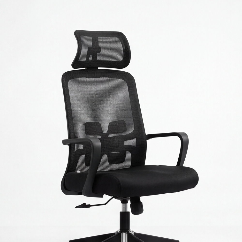 Neva Brix Black ergonomic office chair, angled view