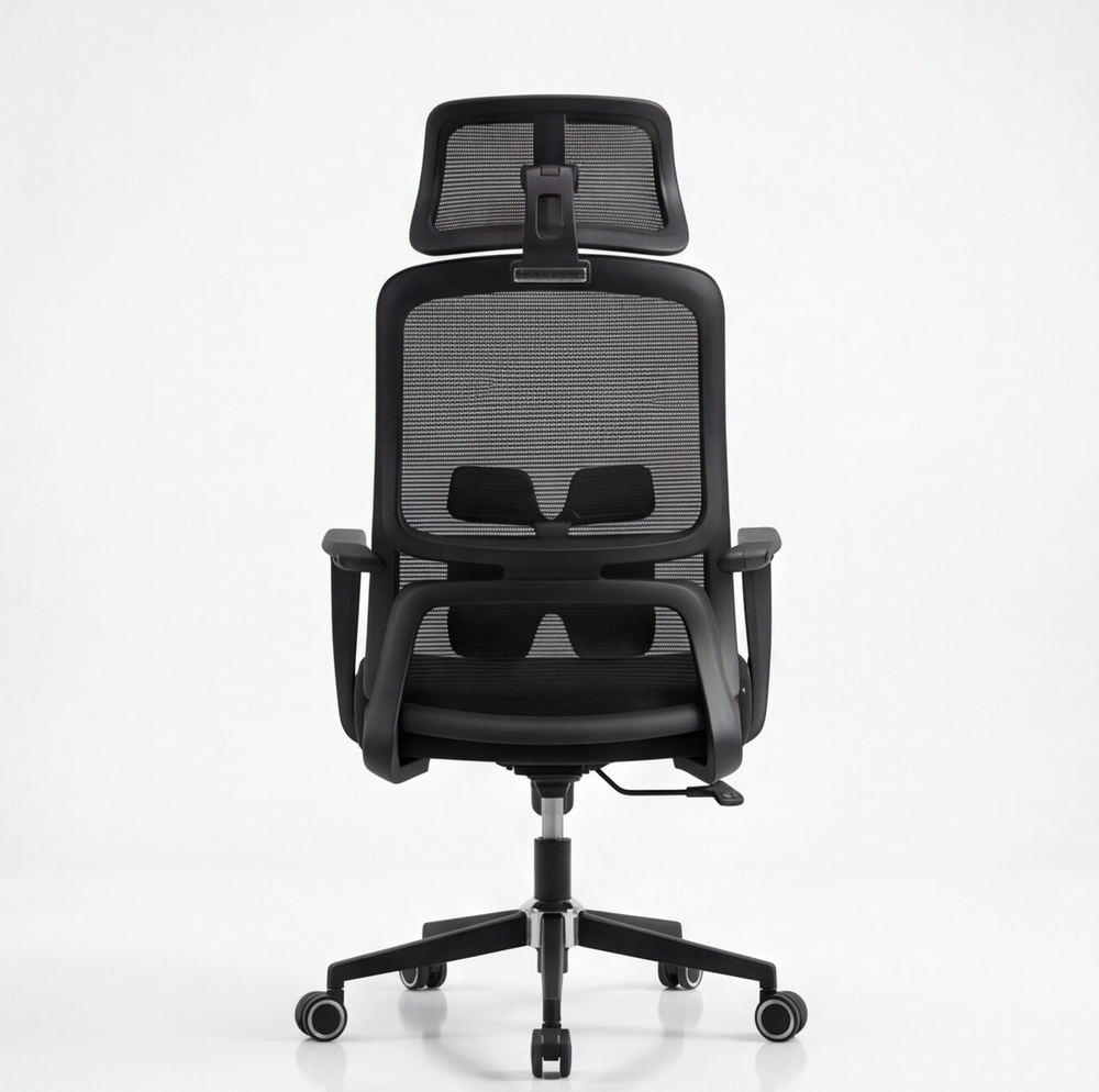 Neva Brix Black ergonomic chair, front view with adjustable headrest