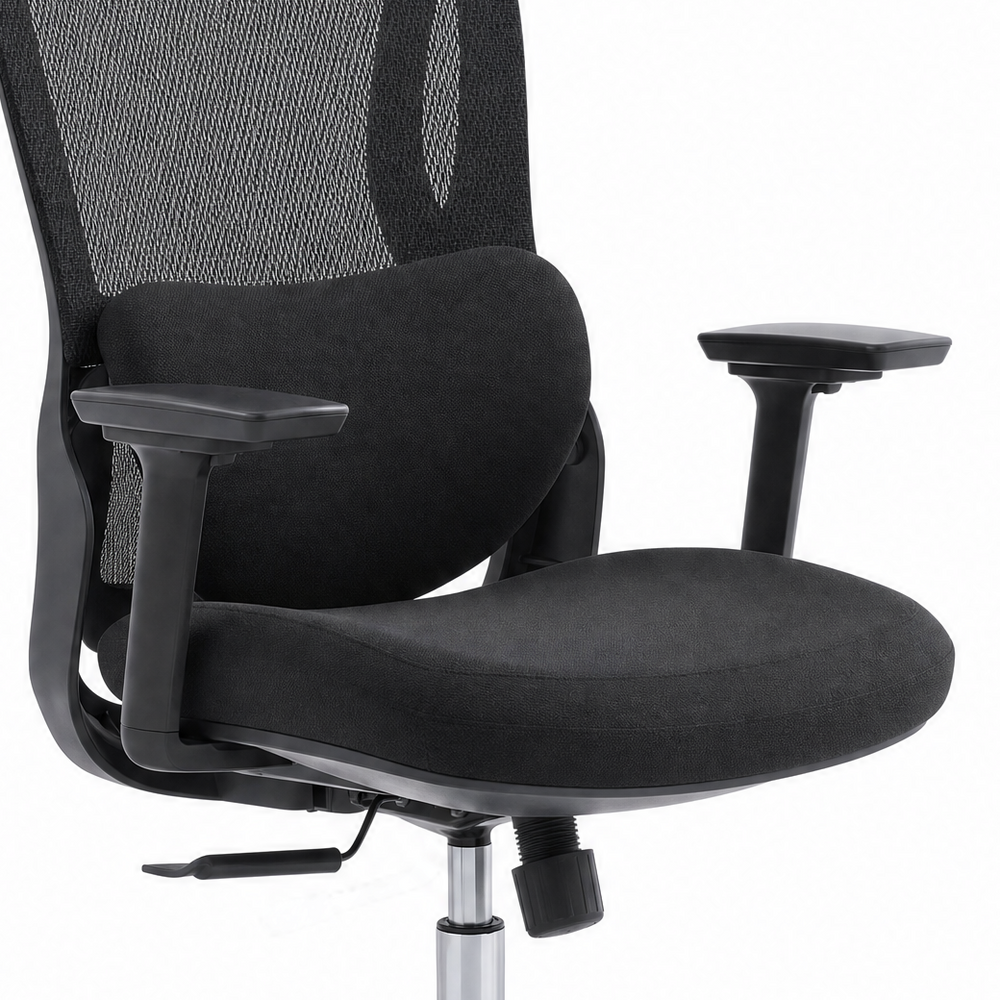 Black lumbar cushion, upholstered seat and armrests of the Neva Curve chair.