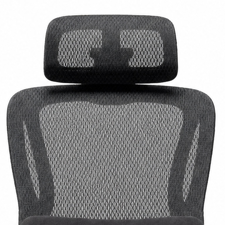Black mesh headrest and upper backrest of the Neva Curve chair.