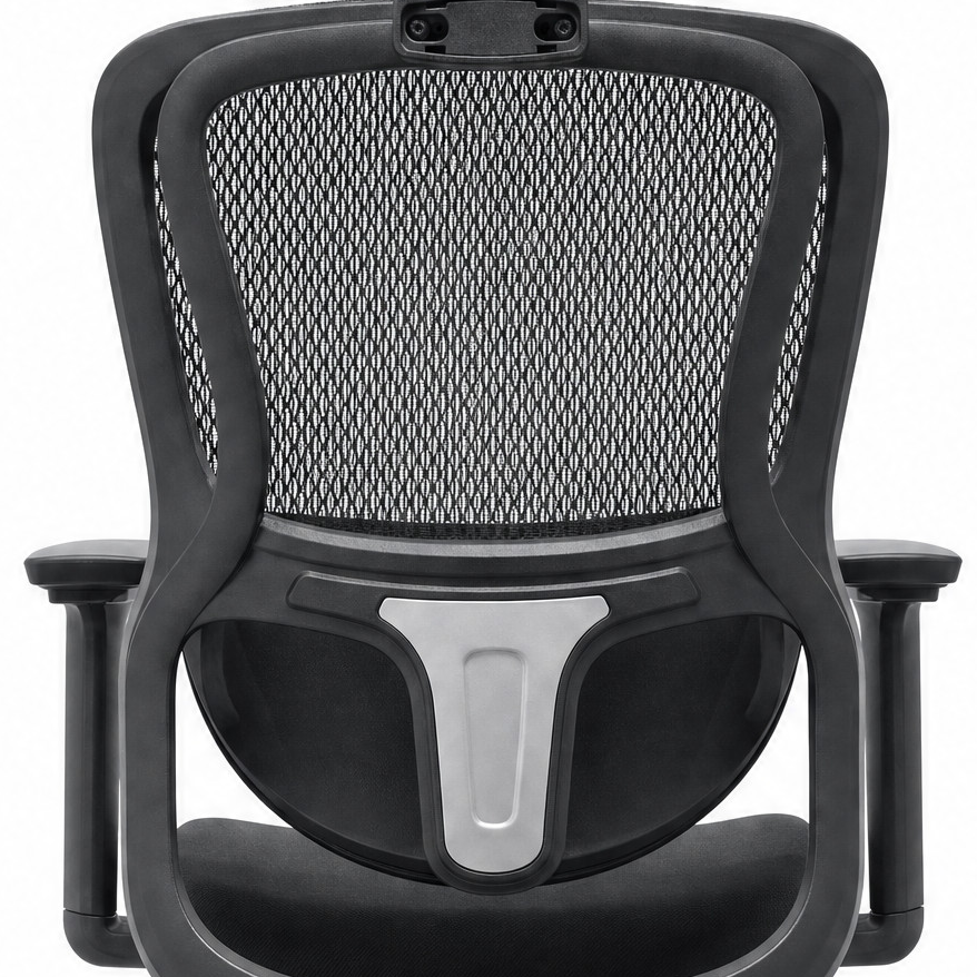 Rear mesh, black frame and silver-grey T-shaped support detail of the Neva Curve chair.