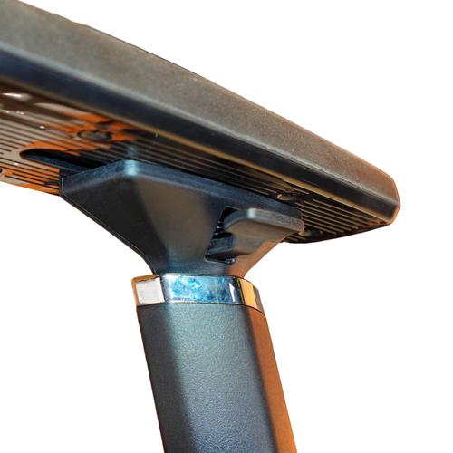 Neva Ergo black office chair armrest underside with button, screws, ribbed moulding and chrome collar