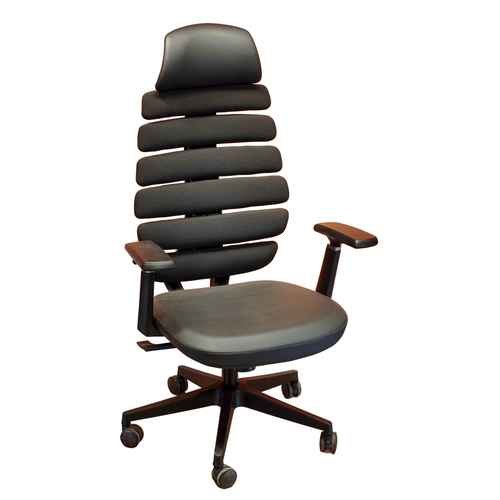 Neva Ergo black office chair, front three-quarter view with six padded back sections, separate headrest and nylon base