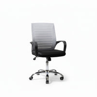 Neva Furniture black mesh back office chair with padded seat and chrome base with wheels.