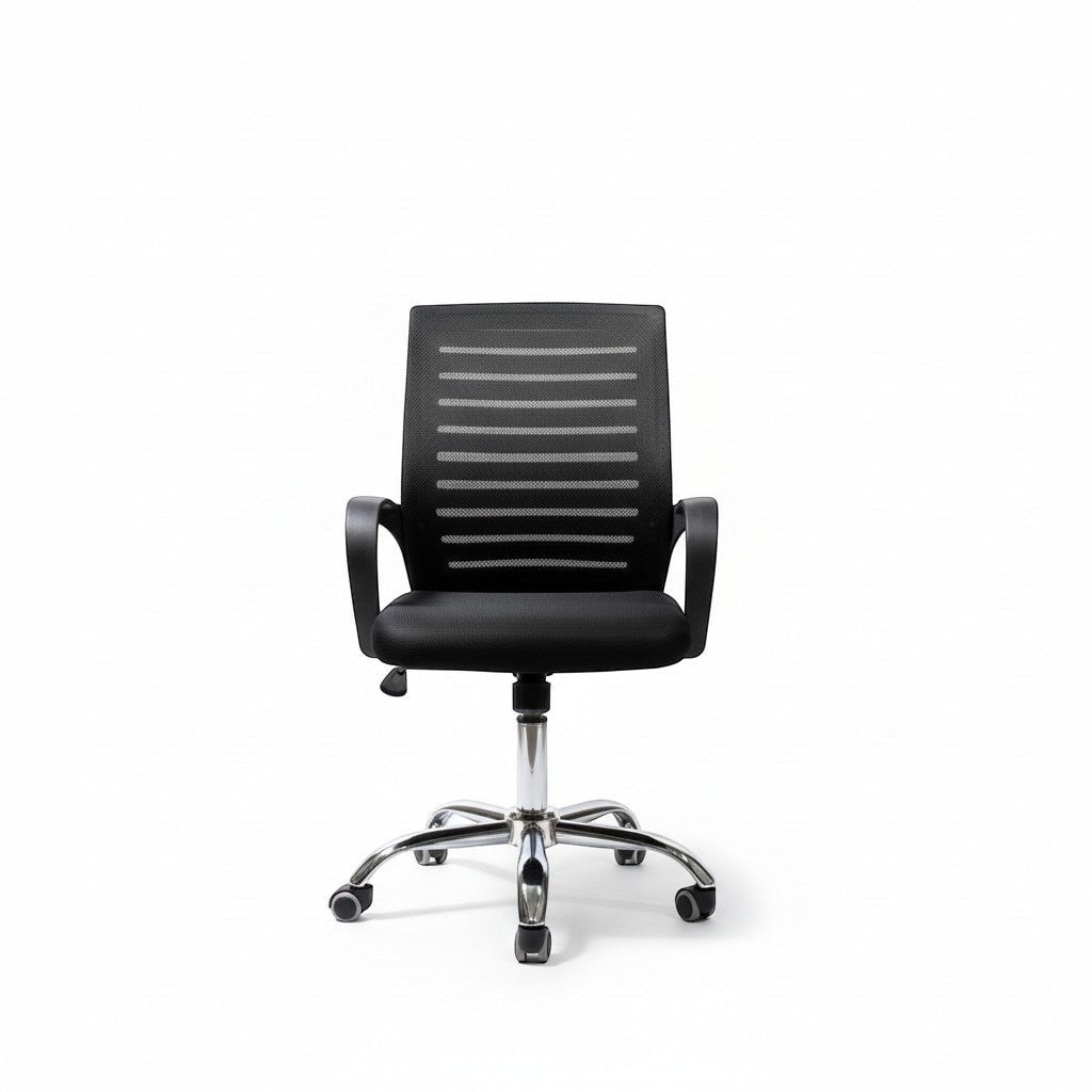 Neva Furniture black mesh back office chair with ergonomic support and cushioned seat, on a chrome base with casters.