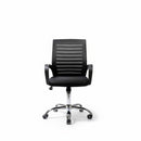 Neva Furniture black mesh back office chair with ergonomic support and cushioned seat, on a chrome base with casters.