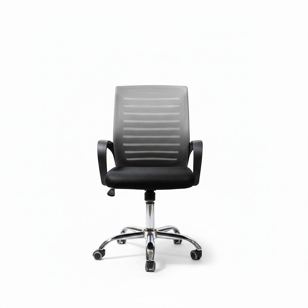 Neva Furniture black mesh back office chair with padded seat and chrome base with casters.