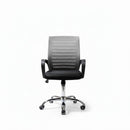 Neva Furniture black mesh back office chair with padded seat and chrome base with casters.