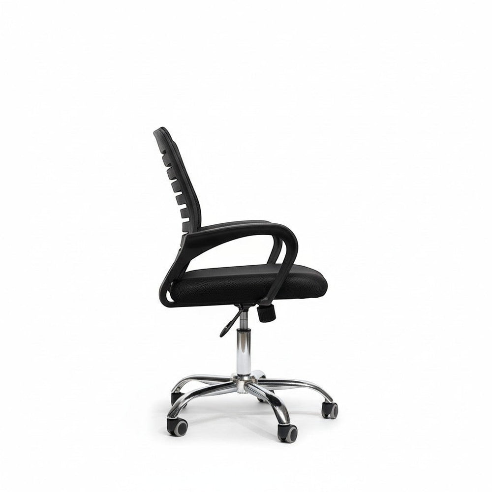 Neva Furniture black mesh back office chair with padded seat and chrome base with casters
