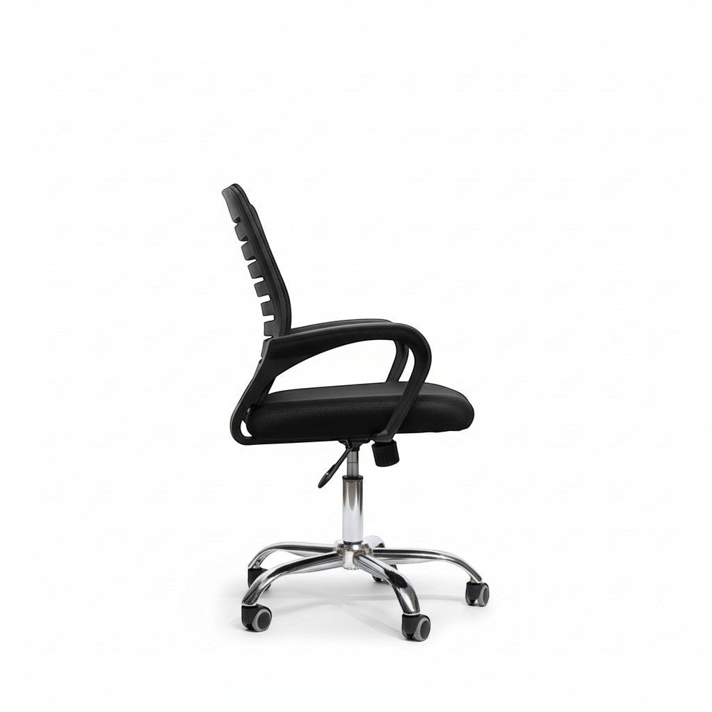 Neva Furniture black mesh back office chair with padded seat and chrome base with casters