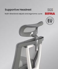 Neva Furniture BS14 ergonomic office chair with adjustable grey mesh headrest and lumbar support.
