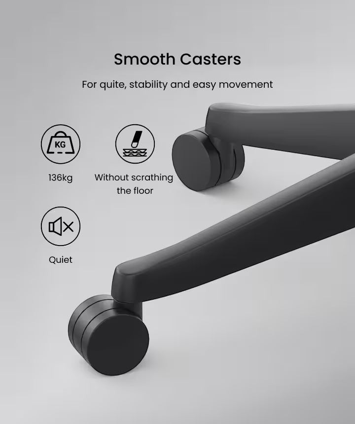 Neva Furniture BS14 black office chair casters with 136kg capacity, quiet, and floor-scratching protection.