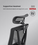 Neva Furniture ergonomic office chair with adjustable black mesh headrest and lumbar support. Features SGS, BIFMA, and EU EN 1335 certifications.