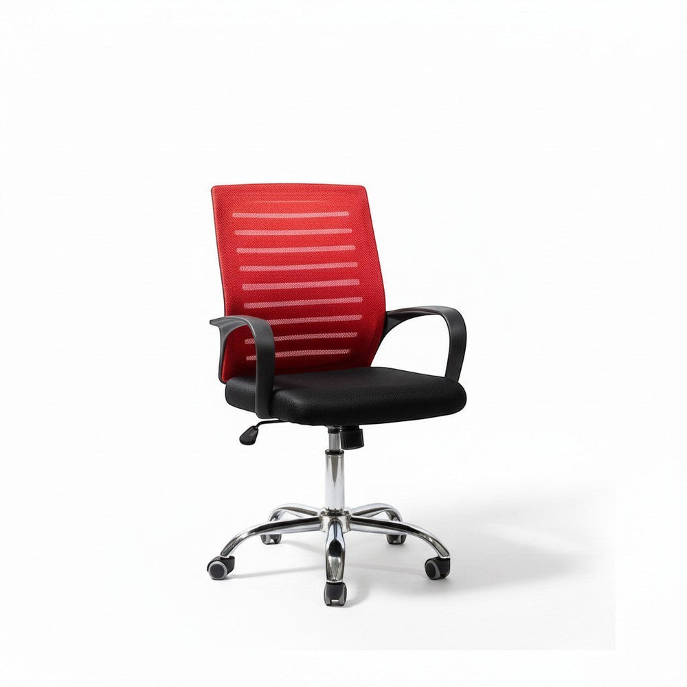 Neva Furniture red mesh back office chair with black seat and chrome base on casters
