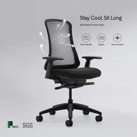 Neva Furniture Sheer ergonomic office chair with breathable black mesh back and padded seat, adjustable armrests, and wheeled base.