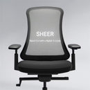 Neva Furniture Sheer ergonomic office chair with black mesh back and padded seat, featuring adjustable armrests and a stylish S-curve design.