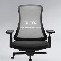 Neva Furniture Sheer ergonomic office chair with black mesh back and padded seat, featuring adjustable armrests and a stylish S-curve design.