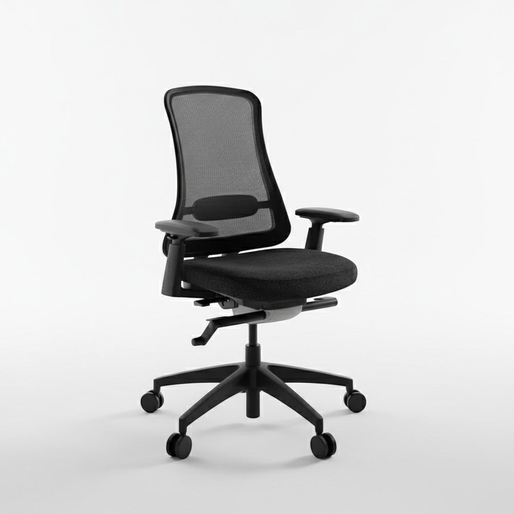 Neva Furniture Sheer ergonomic office chair with black mesh back and fabric seat, adjustable armrests, and wheeled base.
