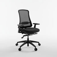 Neva Furniture Sheer ergonomic office chair with black mesh back and fabric seat, adjustable armrests, and wheeled base.