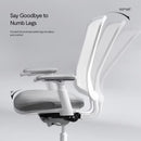 Neva Furniture Sheer ergonomic office chair in white with gray seat, featuring adjustable armrests and tilt mechanism for comfort.