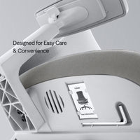 Neva Furniture Sheer ergonomic office chair in white with gray mesh seat, featuring adjustable armrests and a user information slot.
