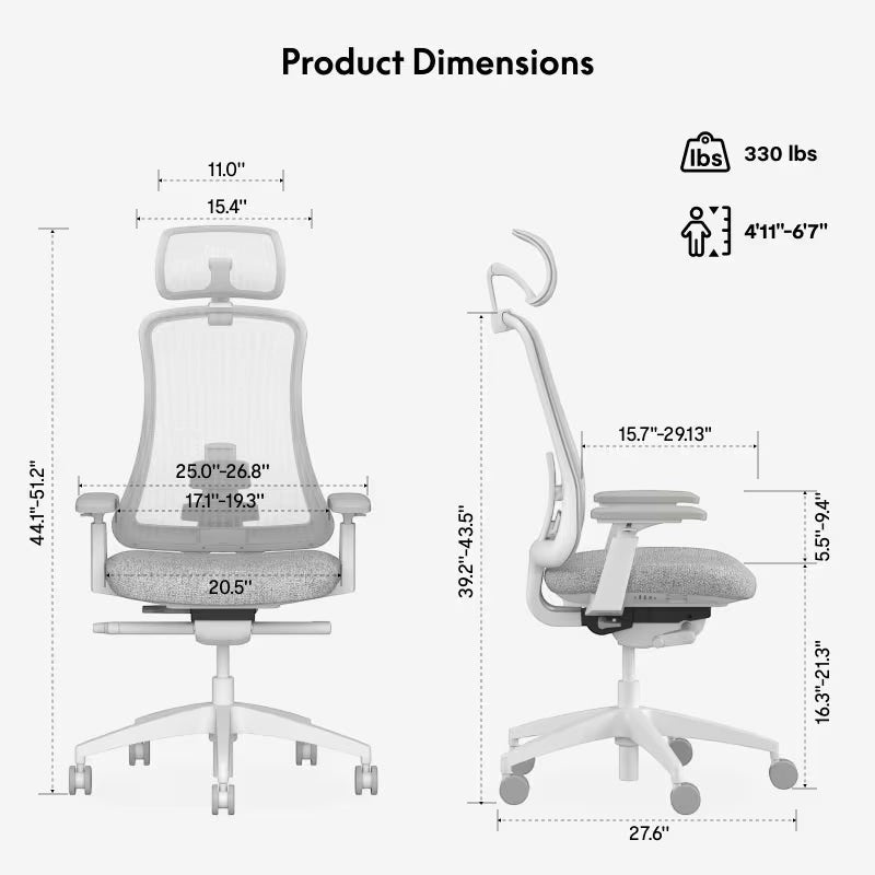 Neva Furniture Sheer ergonomic office chair in white with mesh back and gray upholstered seat. Features adjustable armrests, headrest, and dimensions for height and width.