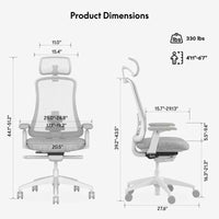 Neva Furniture Sheer ergonomic office chair in white with mesh back and gray upholstered seat. Features adjustable armrests, headrest, and dimensions for height and width.