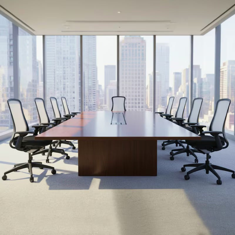 Neva Furniture Sheer ergonomic office chair with white mesh back, black seat, and adjustable armrests, in a modern conference room.