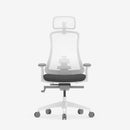 Neva Furniture Sheer ergonomic office chair with white mesh back, adjustable armrests, and dark gray seat cushion on a white base with wheels.