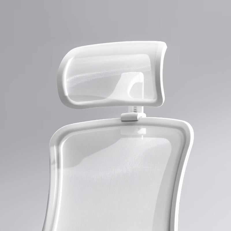 Neva Furniture white mesh ergonomic office chair with adjustable headrest and lumbar support.