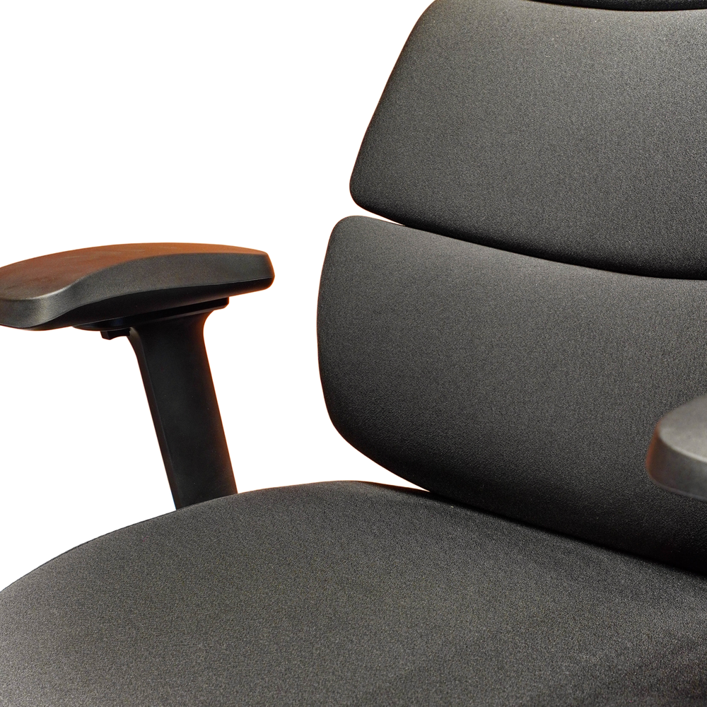 Neva Lynk black textured seat and padded back beside a contoured black armrest and underside button