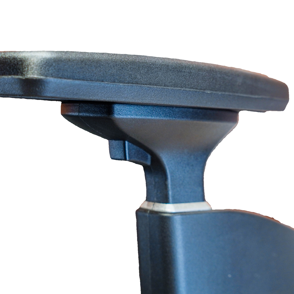 Neva Prestige Black chair armrest underside close-up showing the original button, narrow silver-colored collar and black upright.