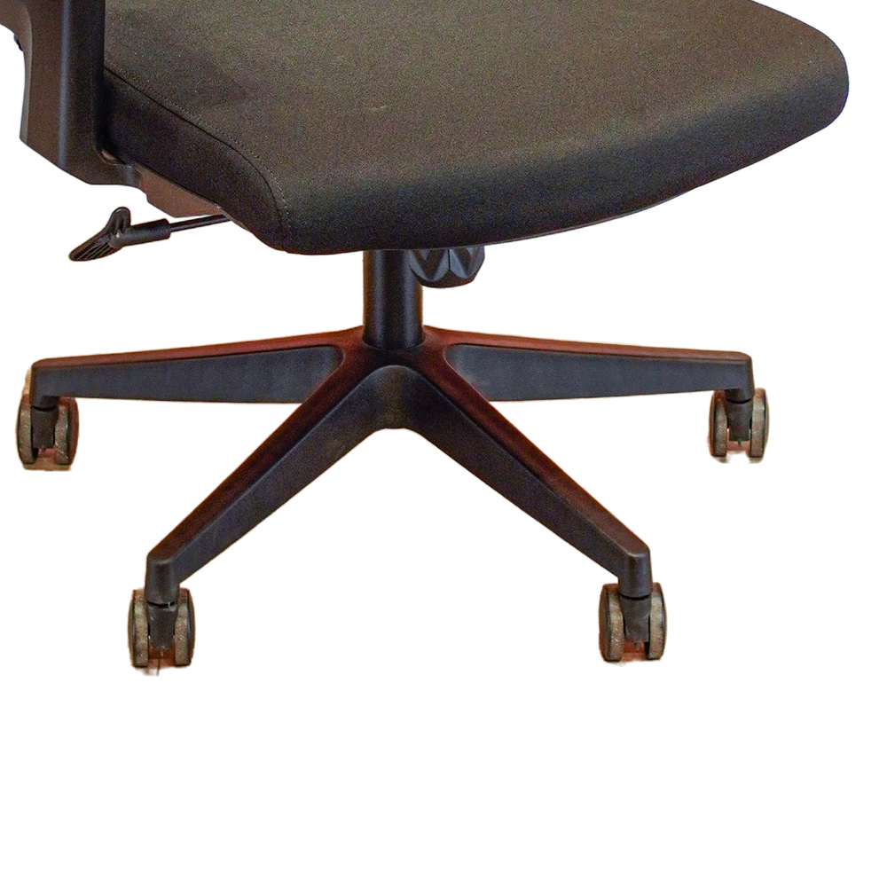 Neva Prestige Black office chair close-up of the fabric seat edge, single visible side lever and separate under-seat knob.