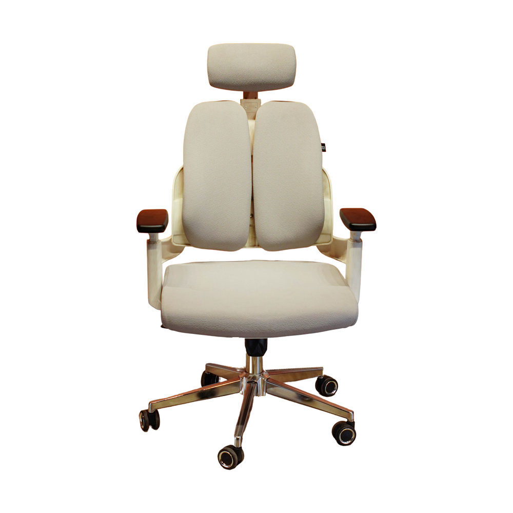 Neva Prime ergonomic office chair, White variant, front view with padded headrest and split backrest.