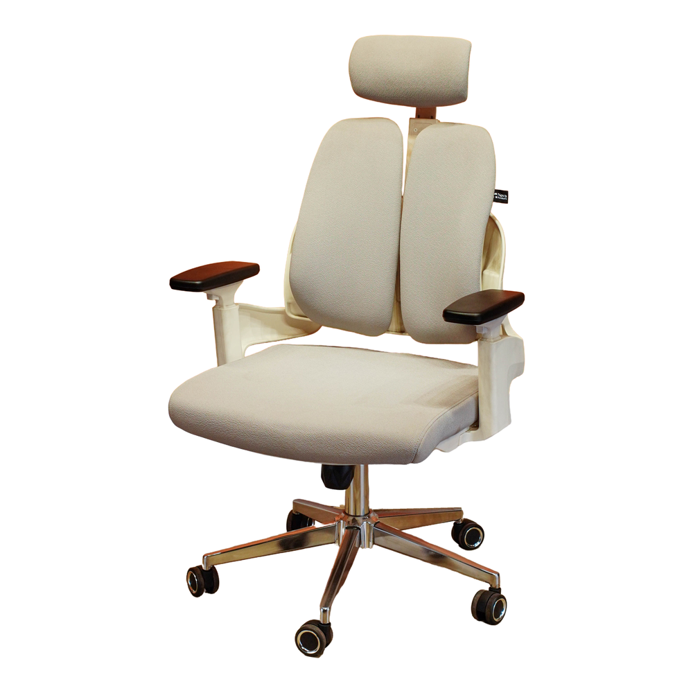 Neva Prime ergonomic office chair, White variant, opposite three-quarter view with white frame and black armrest pads.