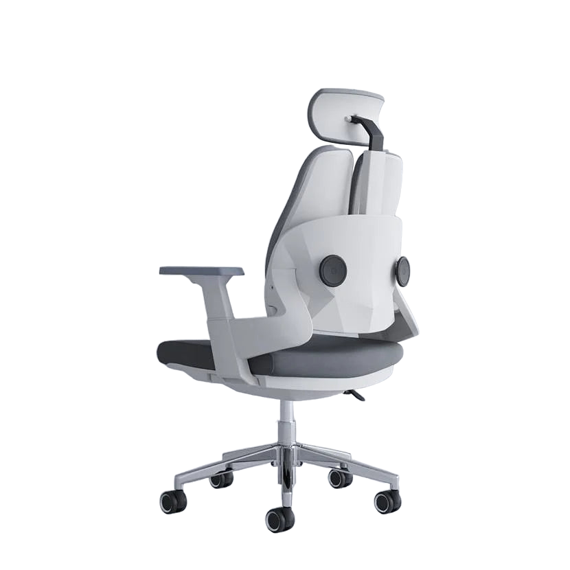 Neva Prime ergonomic office chair, White variant, rear three-quarter view showing the back support and chrome base.