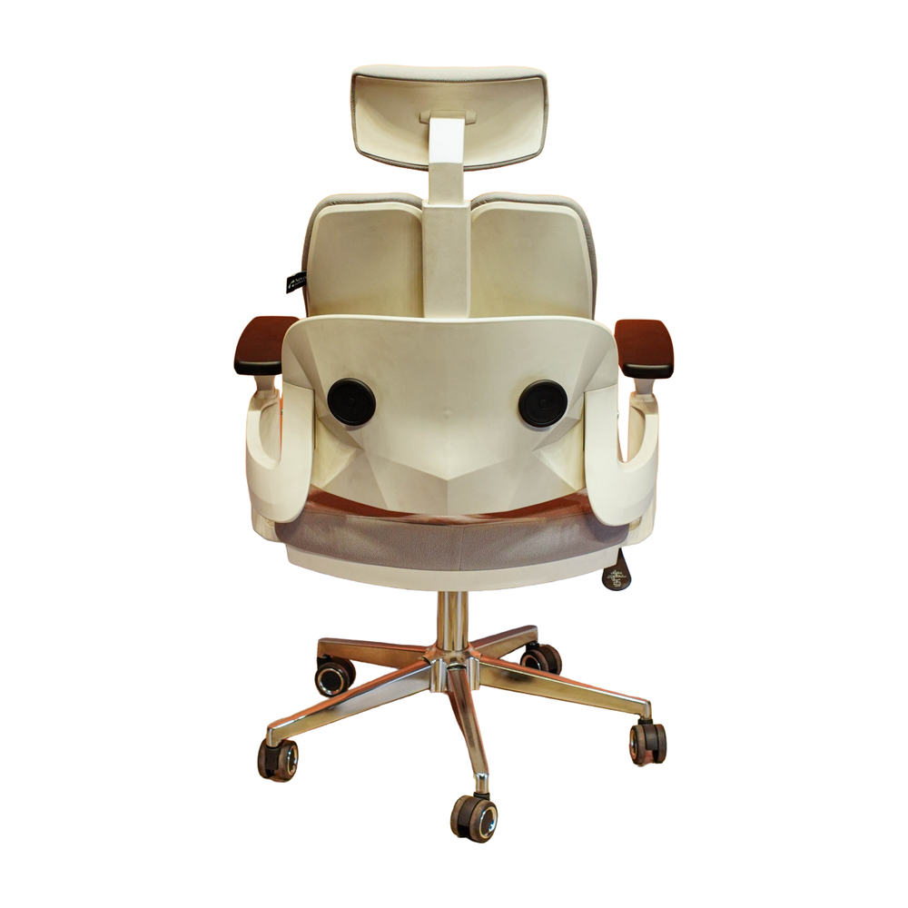 Neva Prime ergonomic office chair, White variant, rear view showing the back support, white frame and chrome base.