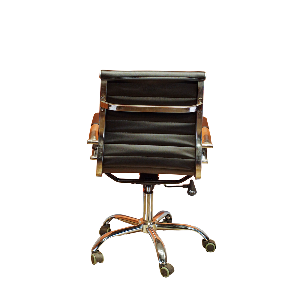 Neva Sit Black office chair, rear view with polished side rails, rear crossbar and single visible side paddle