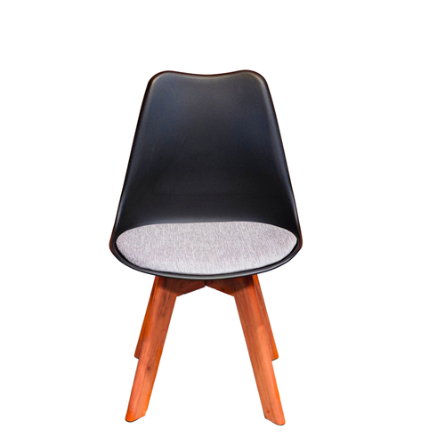 Neva Tulip Black shell chair, front view of the curved plastic back, padded fabric seat and four wooden legs